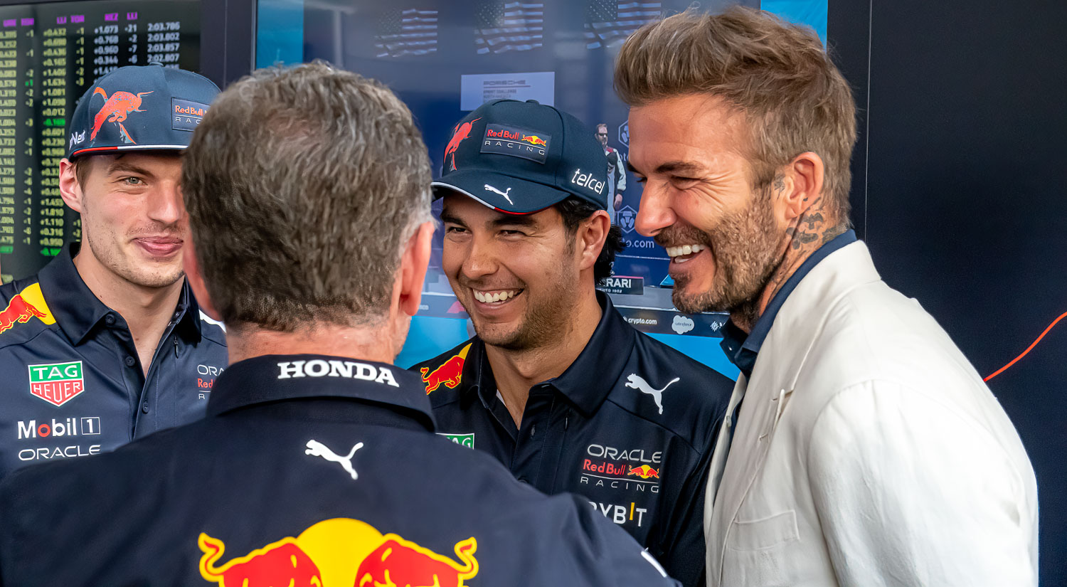 Max Verstappen, David Beckham and Sergio Perez, Miami International Autodrome, 2022