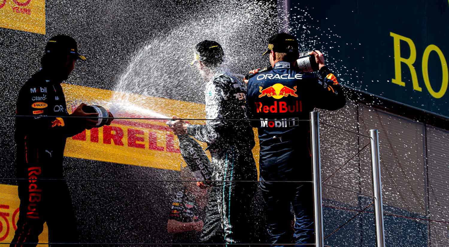 Sergio Perez, Max Verstappen and George Russell, Circuit de Barcelona-Catalunya, 2022